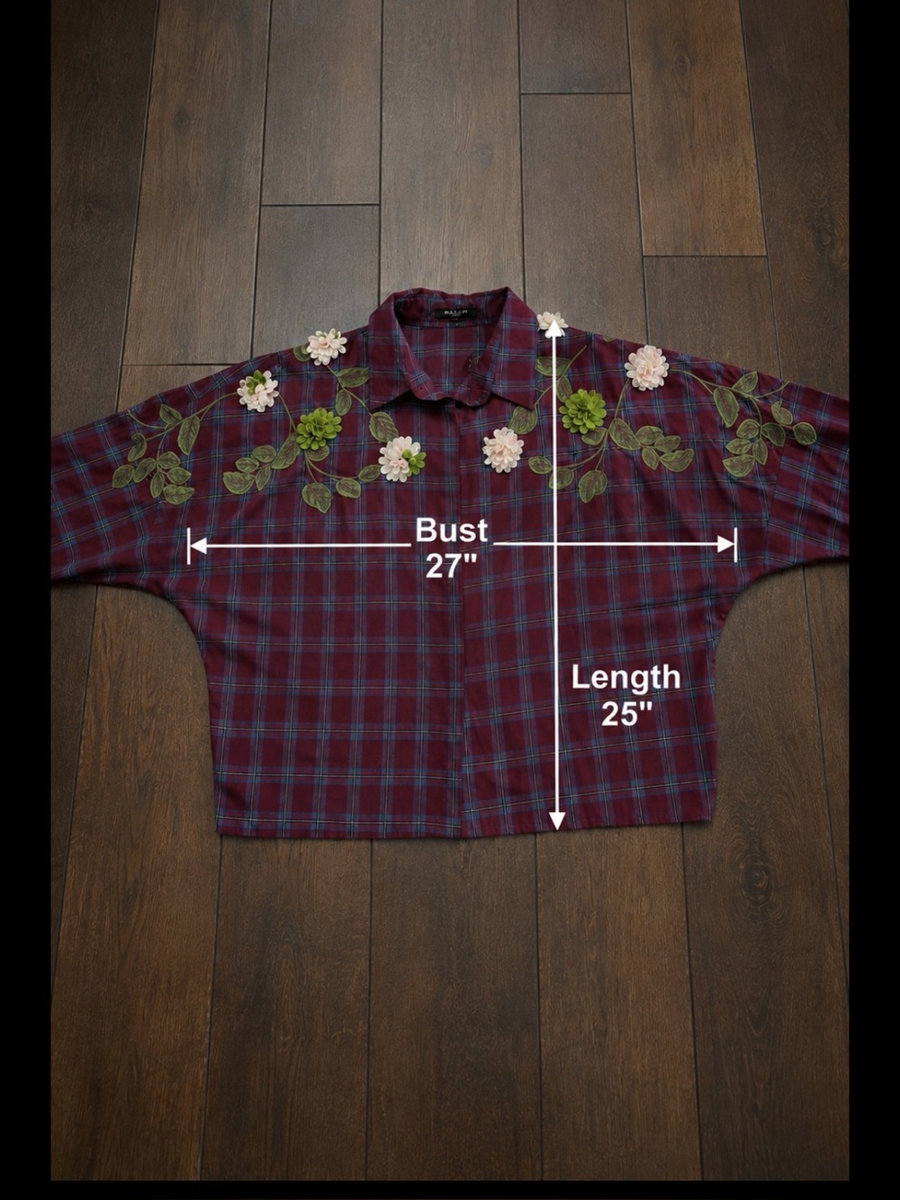Beulah Floral Appliqué Plaid Shirt Oversized Western Cottagecore Top - Picture 8 of 13
